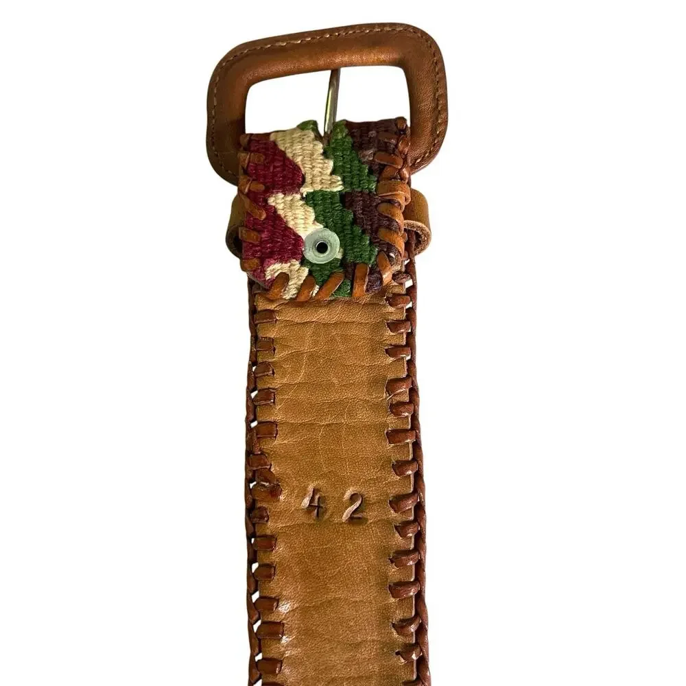 Handmade Leather Mayan Woven Textile Belt Unisex 42 Artisan Whipstitch Boho